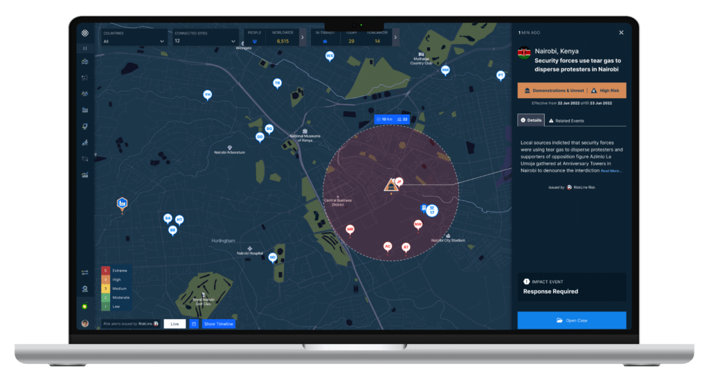 Incident management software displaying real-time global risk alerts